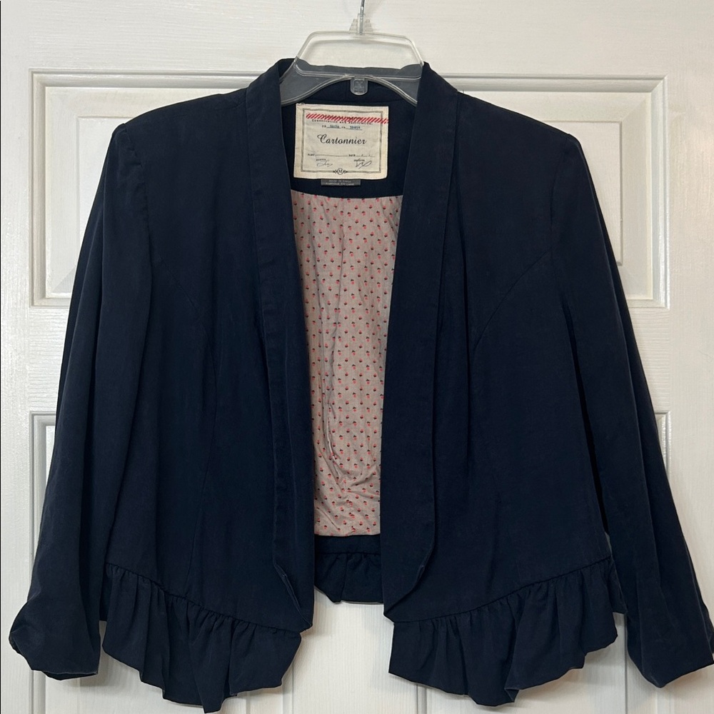 Cartonnier Navy Open-Front Ruffle Hem Blazer